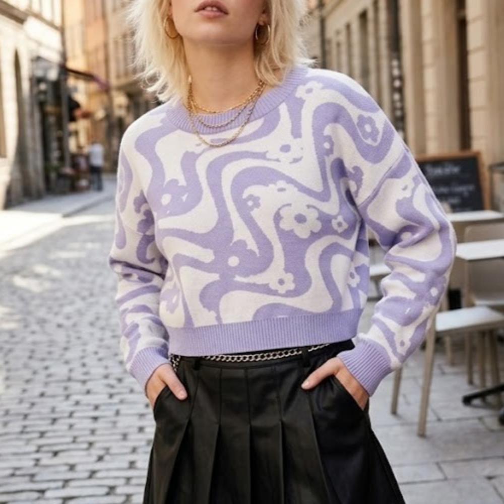 Hollister Lavender White Floral Swirl Cropped Sweater Large Retro Wavy 70s Style